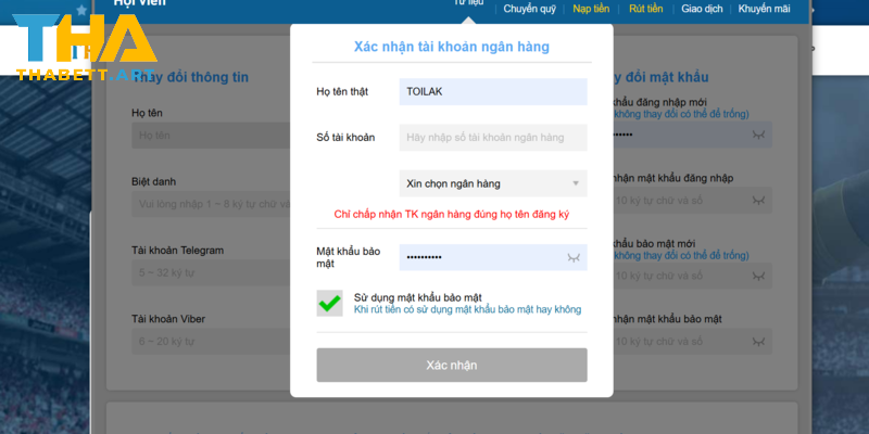Nhập đúng thông tin đăng nhập để vào Thabet